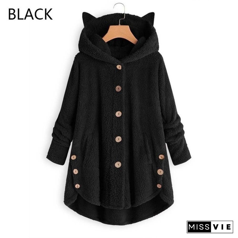 12 Colors Fashion Women Autumn Winter Soft Furry Fleece Hooded Casual Loose Long Coat Jacket Cute Cat Ears Ladies Plush Hoodies Casual Loose Warm Jacket Plus Size S-5Xl