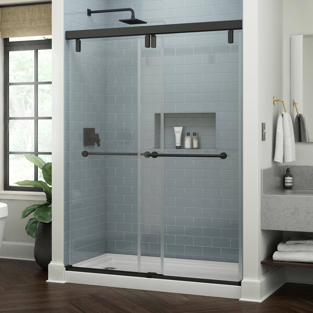 Delta Lyndall 60 in. W x 71-12 in. H Mod Soft-Close Sliding Frameless Shower Door in Black with 38 in. Clear Glass SDMSD60-MB-R