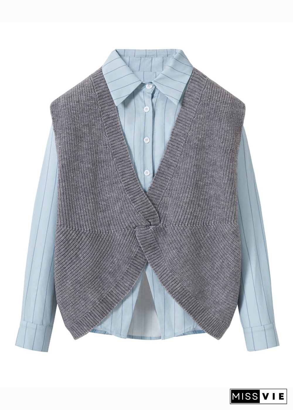 Style Design Grey Striped Shirts Vest Knit Two Pieces Set Fall