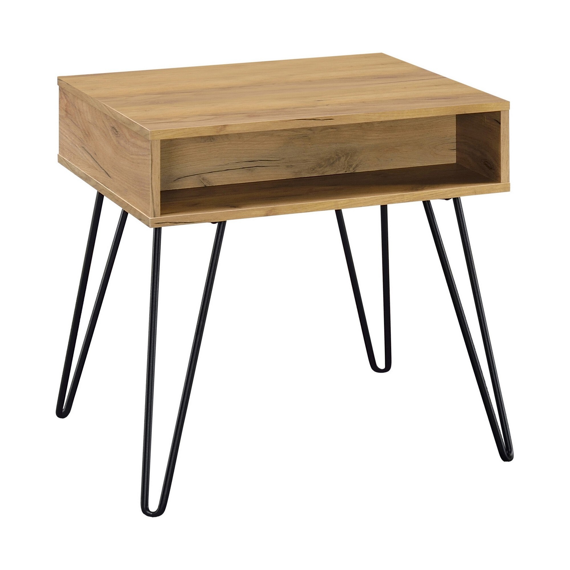 24 Inch Modern Side End Table， Golden Oak Wood， Black Metal Hairpin Legs