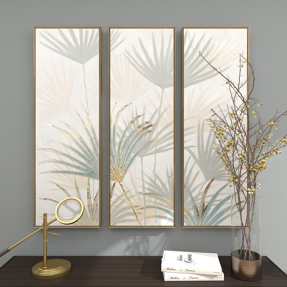 Brown Canvas Palm Leaf Framed Wall Art with Gold Frame (Set of 3)
