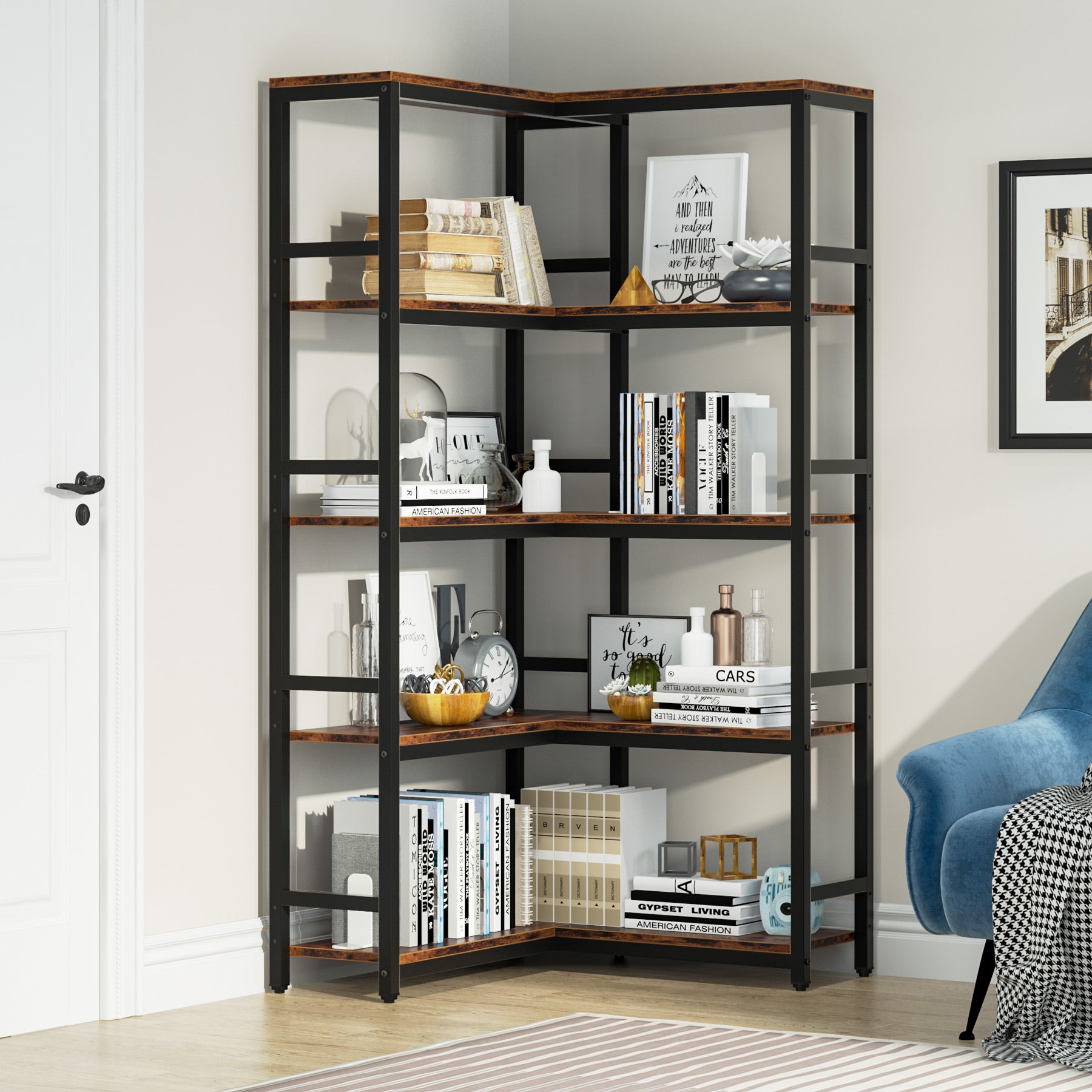 Industrial Corner Bookshelf, 5-Tier/7-Tier Bookcase Etagere Display Rack