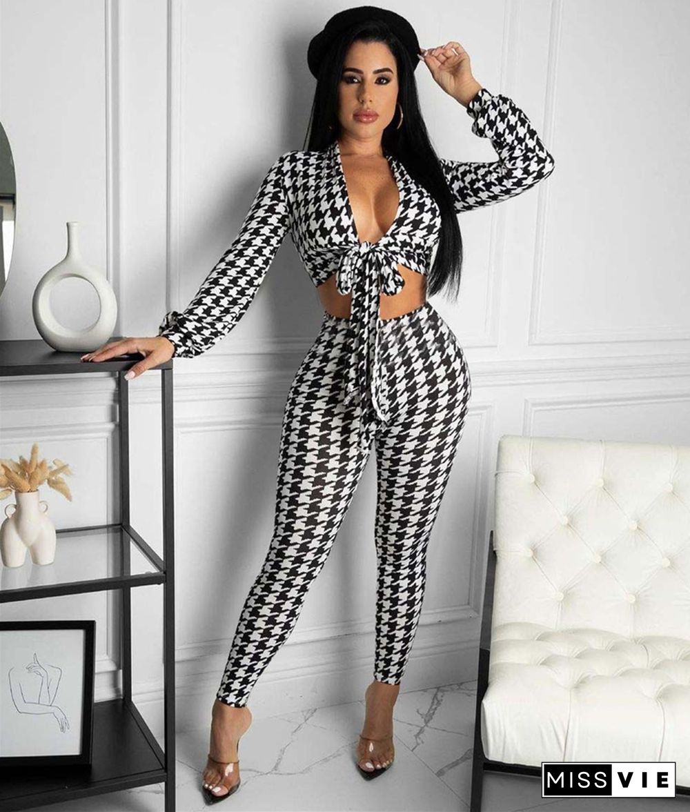 Plaid Print Lace Up Crop Tops Skinny Pants 2 Piece Sets