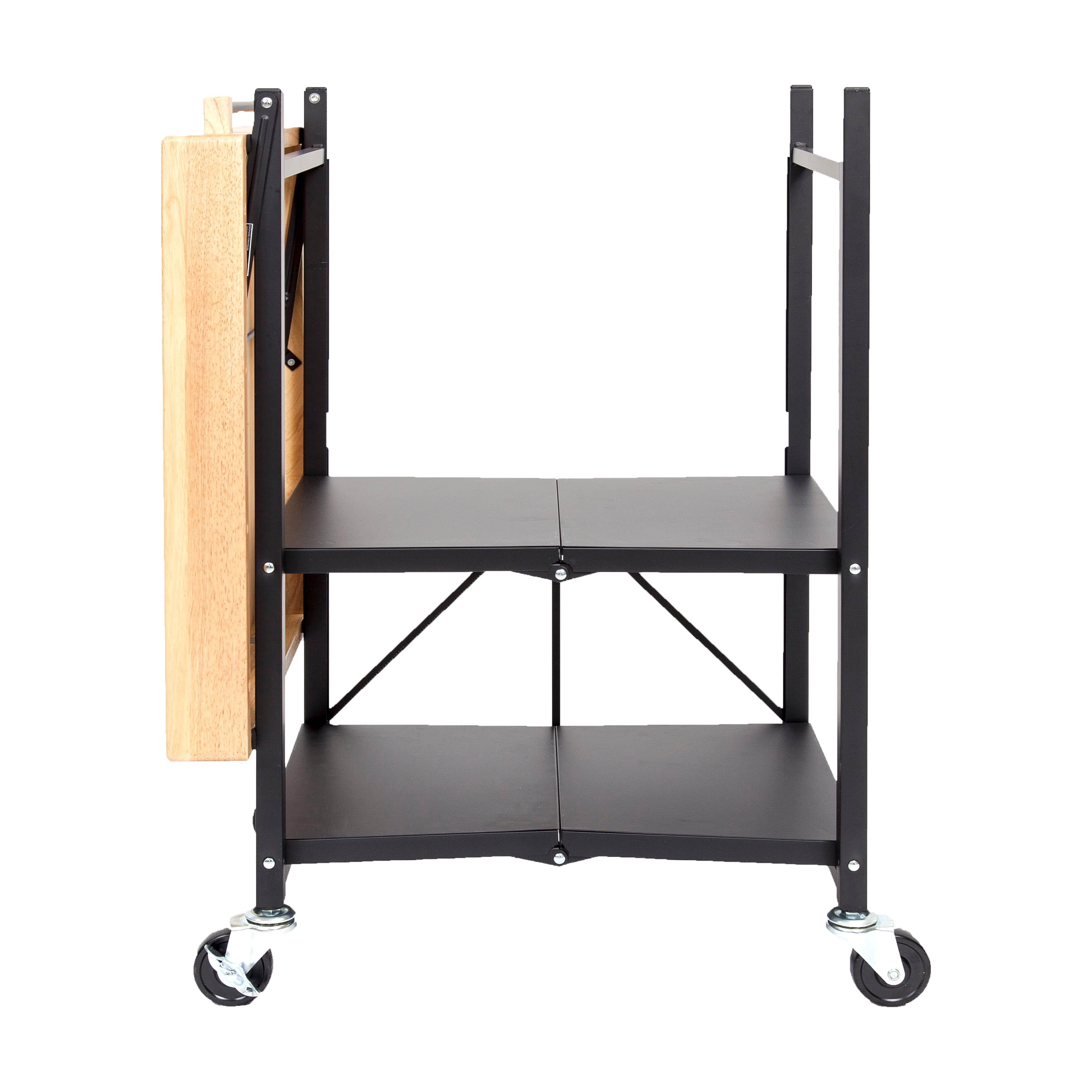 Origami Foldable Wheeled Portable Wood Top Kitchen Island Bar Cart， Black