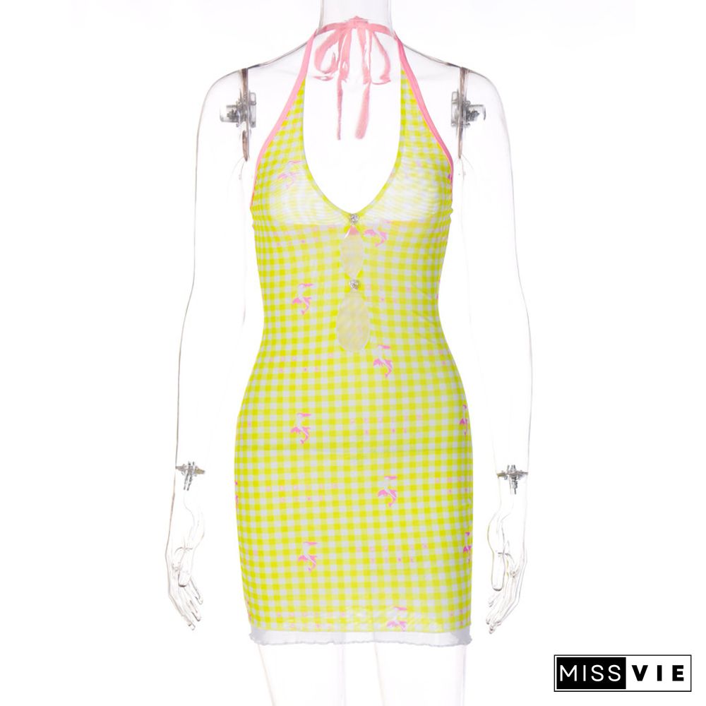 New Lace-up Halterneck Open-back Gingham Print Dress