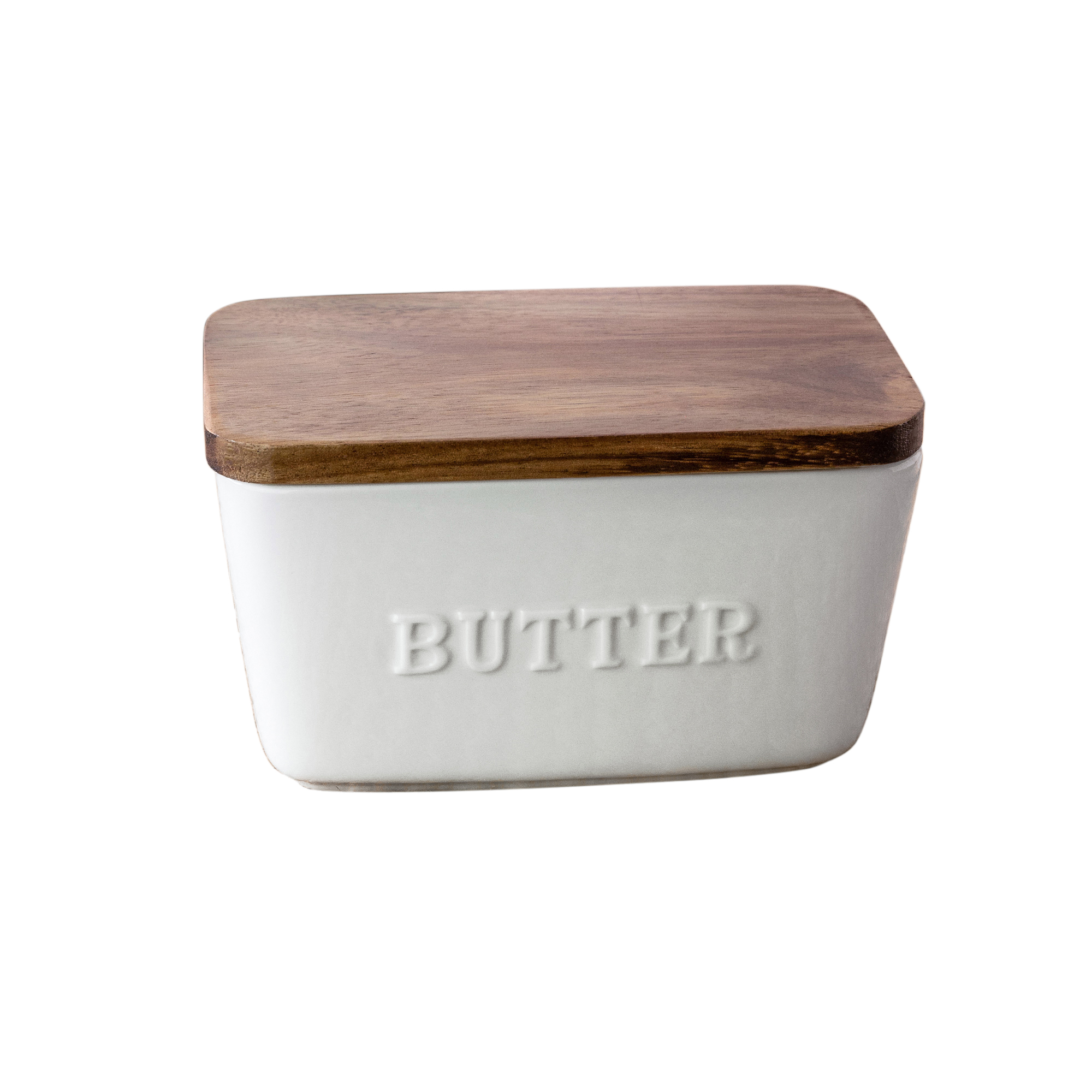 Better Homes and Gardens- White and Acacia Wood Porcelain Embossed Butter Dish