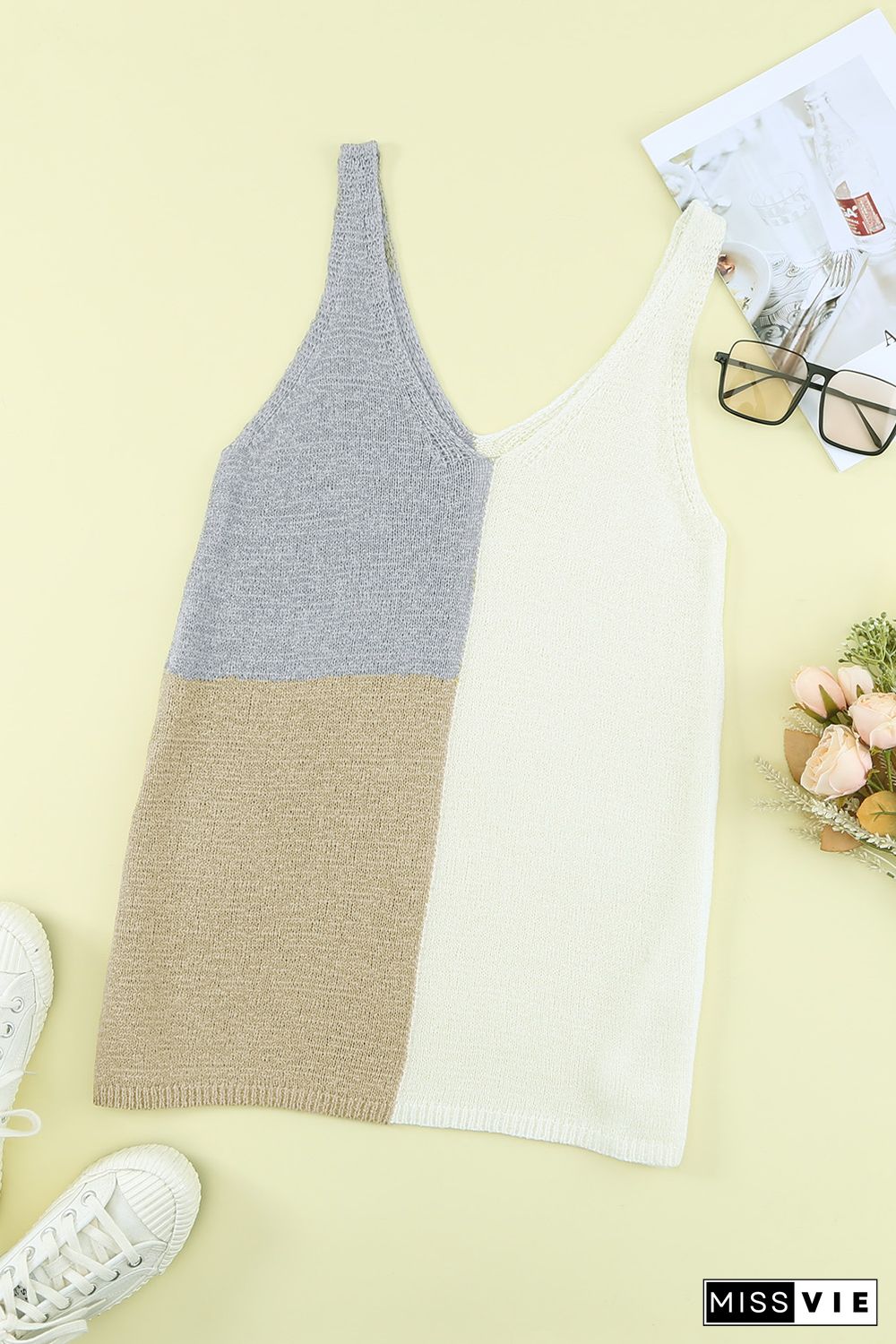 White Color Block Knitted Tank Top