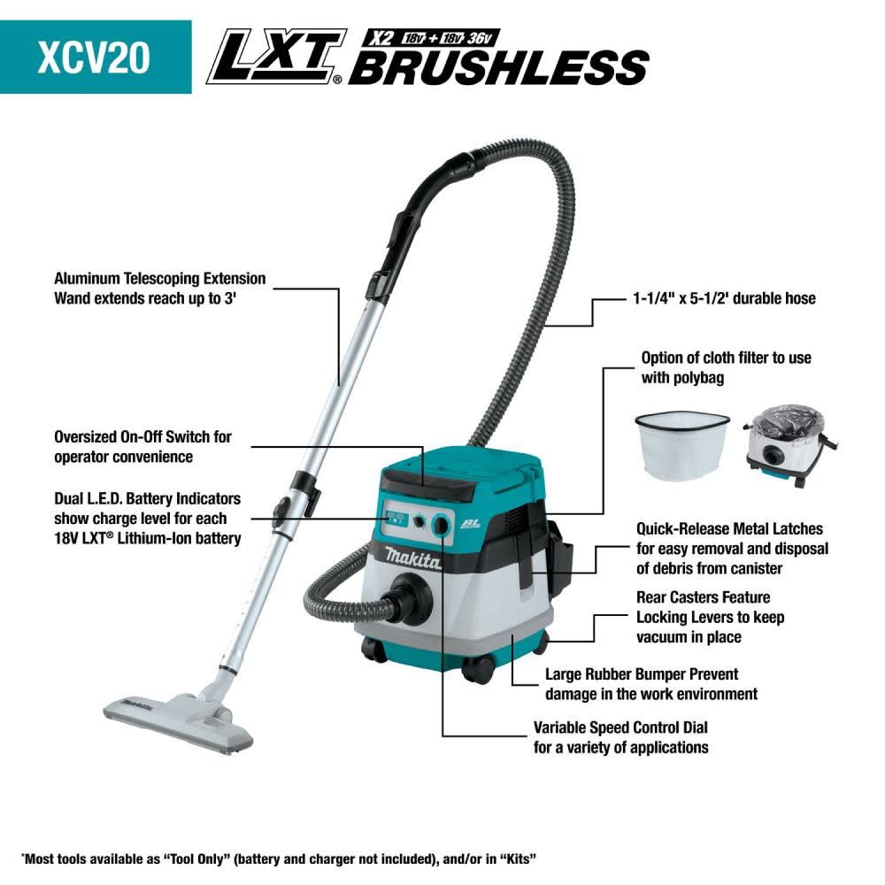 Makita 18V X2 (36V) LXT? Lithium-Ion Brushless Cordless 2.1 Gallon Wet/Dry Dust Extractor/Vacuum Bare Tool ;