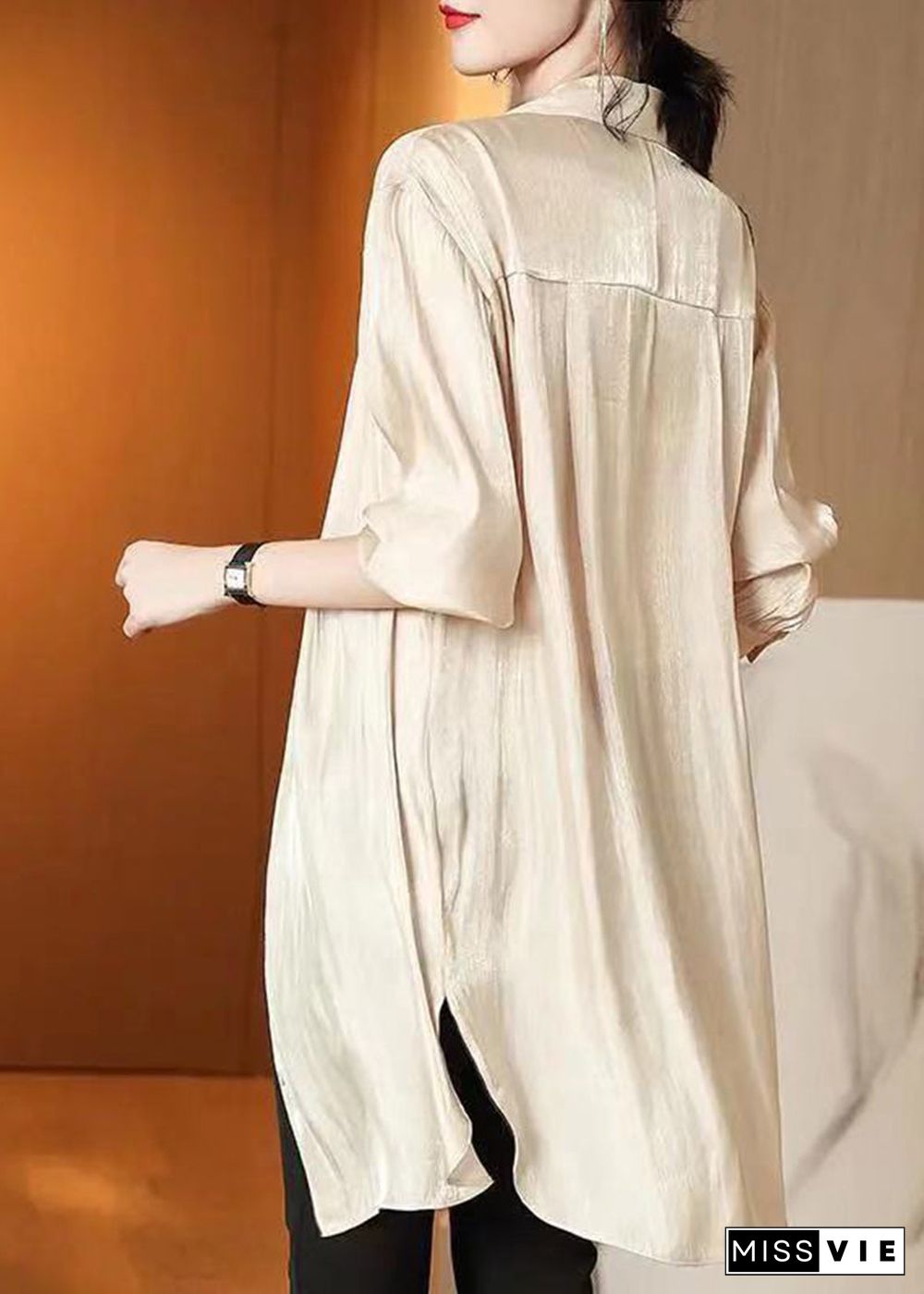 Modern Apricot Oversized Side Open Draping Chiffon Long Shirt Spring