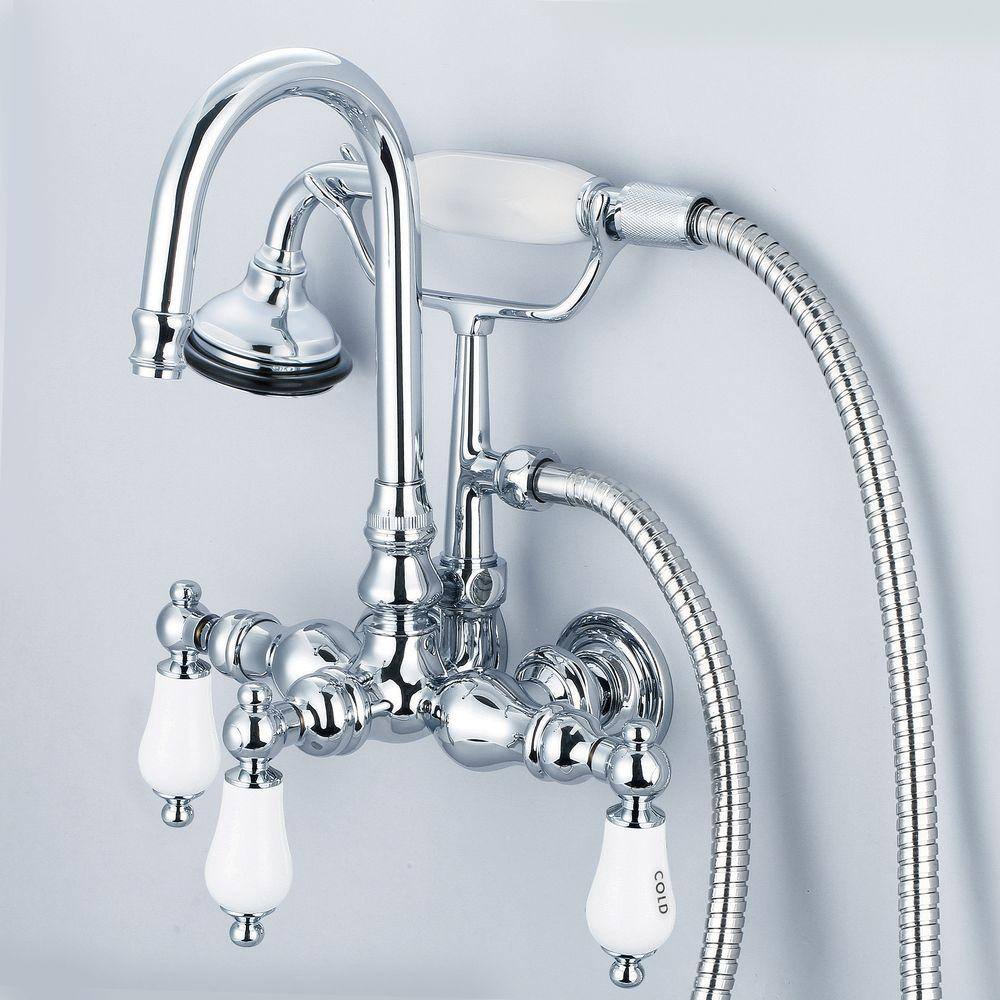 Water Creation 3-Handle Claw Foot Tub Faucet with Labeled Porcelain Lever Handles and Handshower in Triple Plated Chrome F6-0012-01-CL