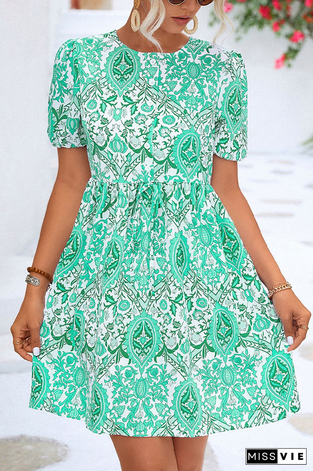 Bubble Sleeves Paisley Print High Waist Dress