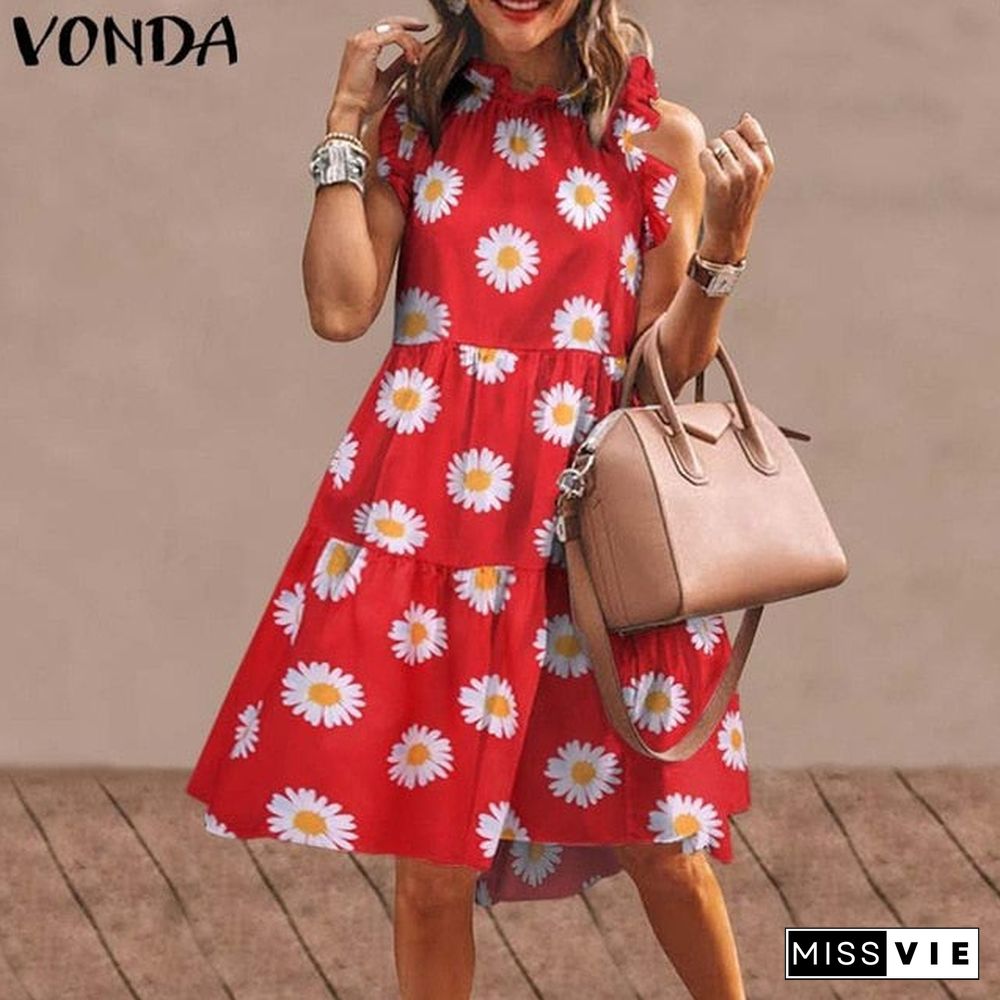 Summer Short Dress Women Sexy Sleeveless Ruffled Dress Beach Holiday Sundress VONDA Bohemian Vestidos Plus Size Robe Femme