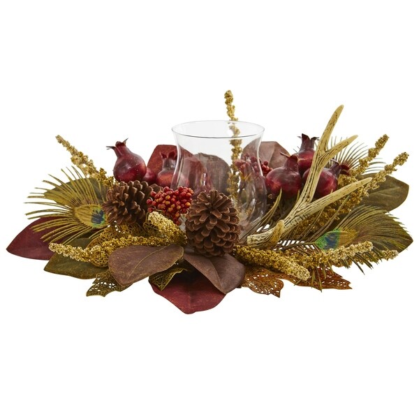 Magnolia，Berry，Antler and Peacock Feather Artificial Candelabrum Arrangement