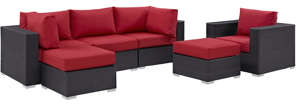 Convene 6 Piece Outdoor Patio Sectional Set  Espresso Red   Tropical   Outdoor Dining Sets   by Morning Design Group  Inc  Houzz