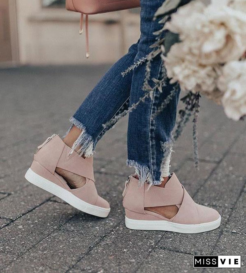 Women Solid High Flats wedges Heel Height Increasing Chunky Platform Vulcanized Sneakers Shoes