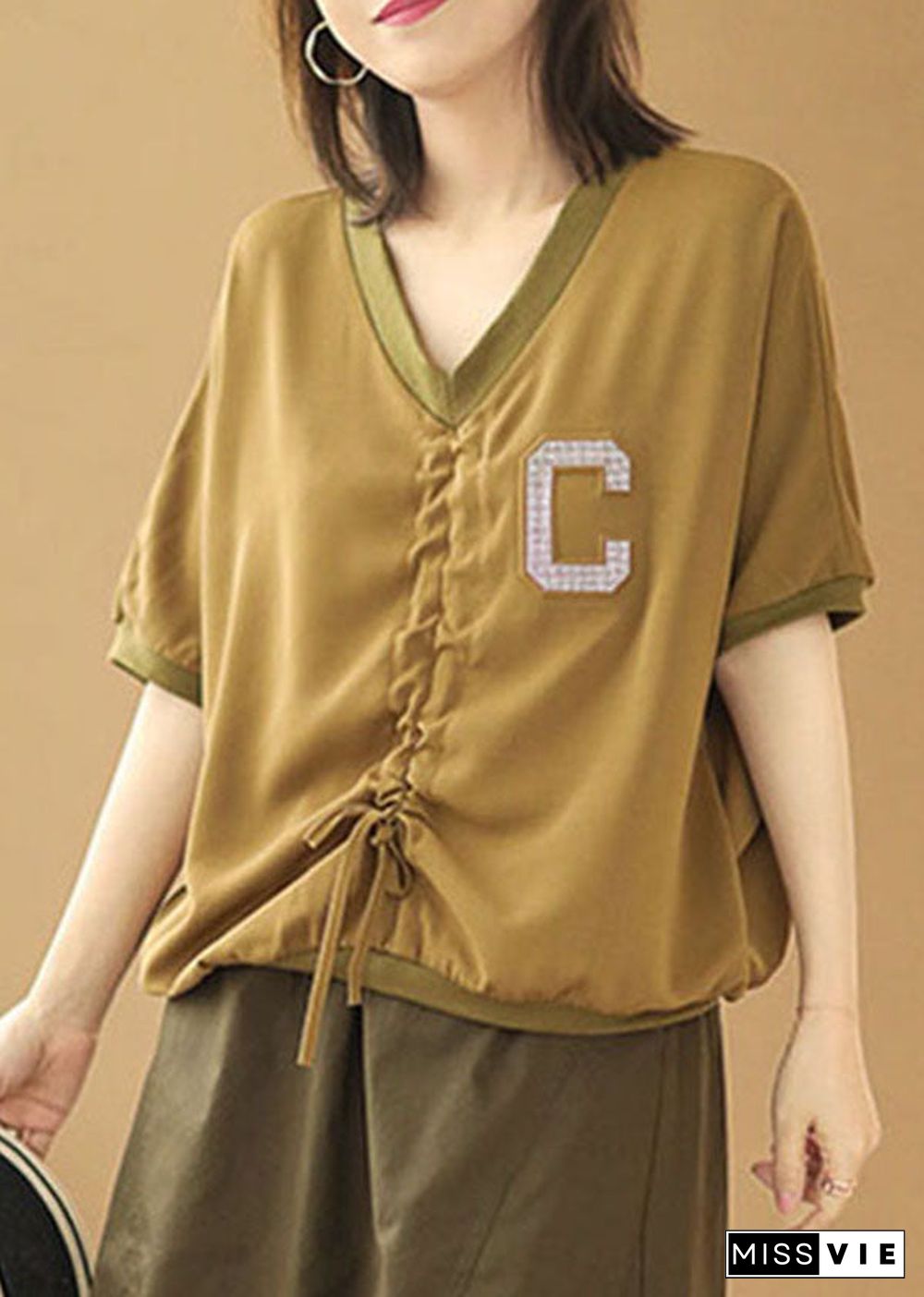 Women Khaki V Neck Drawstring Letter Blouse Tops Short Sleeve