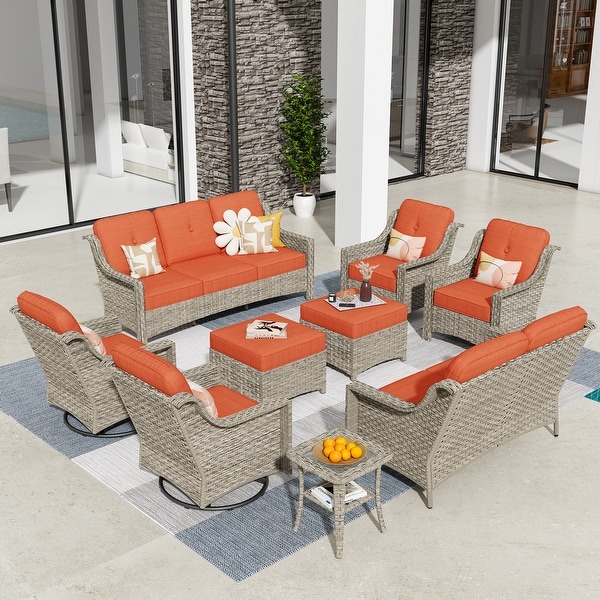 HOOOWOOO 9piece Patio Wicker Furniture Conversation Set with Swivel Chair and Loveseat Sofa