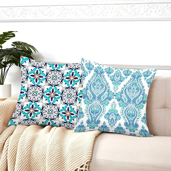 Queen's designer Mosaic Moroccan Pillowcases,4 Pillow Set Home Decoration,Blue Beautiful and Fashion Tiles Moroccan Ornaments Mosaic Throw Pillowcovers 18 x 18 inch Decorative Pillows Case