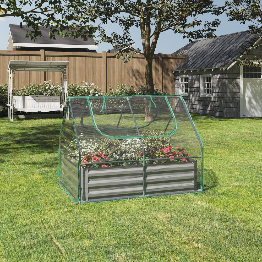 HOME-COMPLETE 4 ft. x 3 ft. Galvanized Steel Raised Garden Bed with Removable Greenhouse 50-LG1334