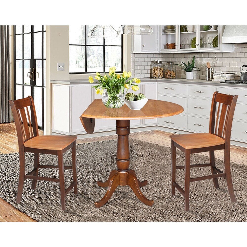 42 in. Round Dual Drop Leaf Counter Height Dining Table with 2 Splatback Stools   3 Piece Set