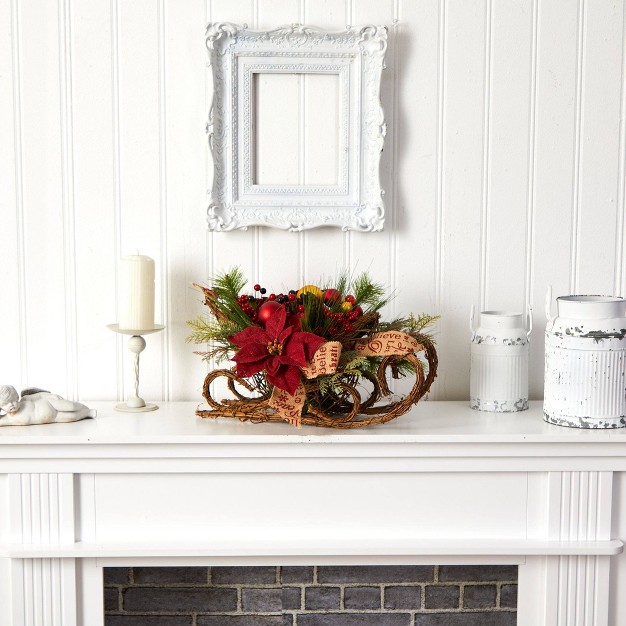 Nearly Natural 18-in Christmas Sleigh With Poinsettia， Berries And Pinecone Artificial Arrangement With Ornaments