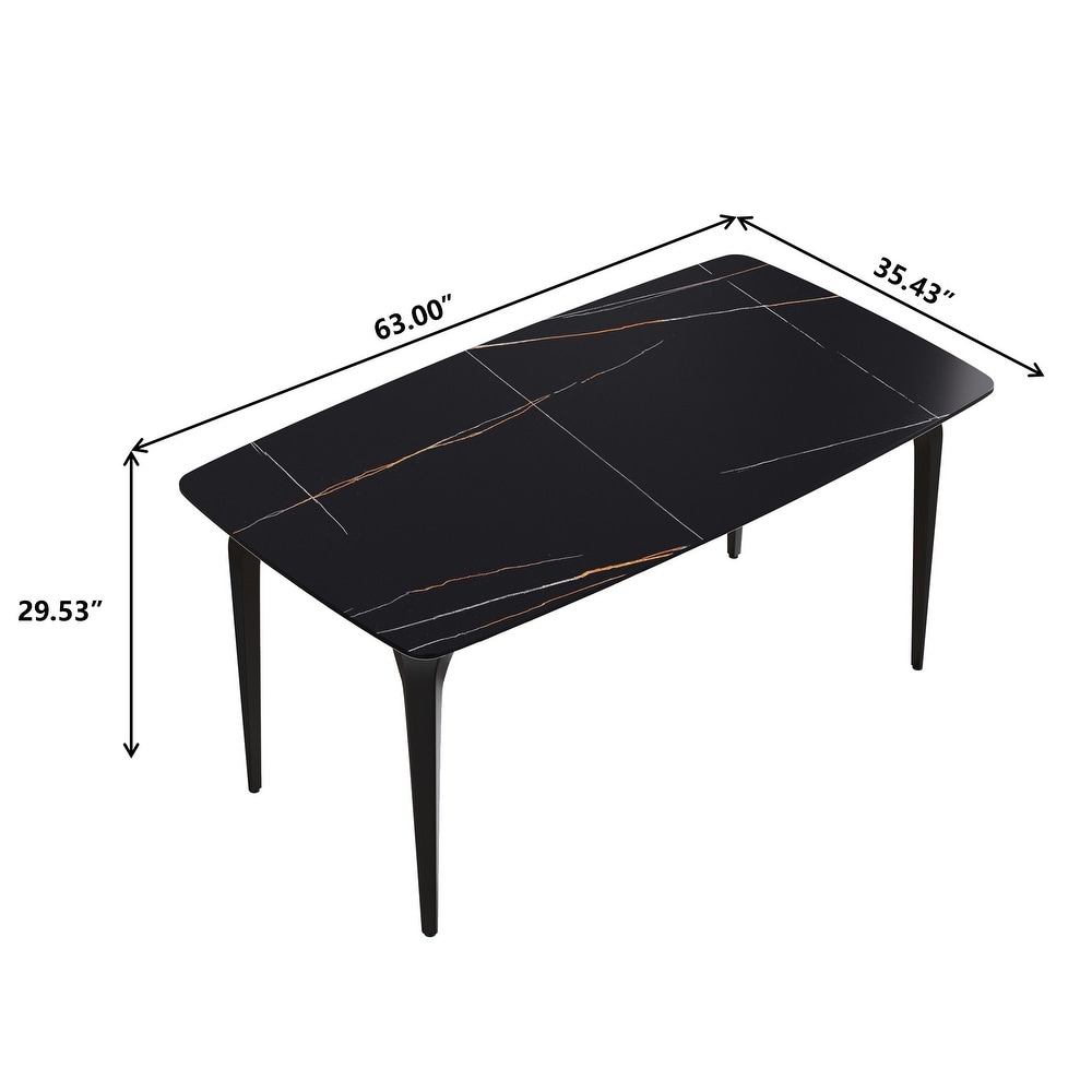 63 Inch Black Artificial Stone and Metal Leg Dining Table for 6 People