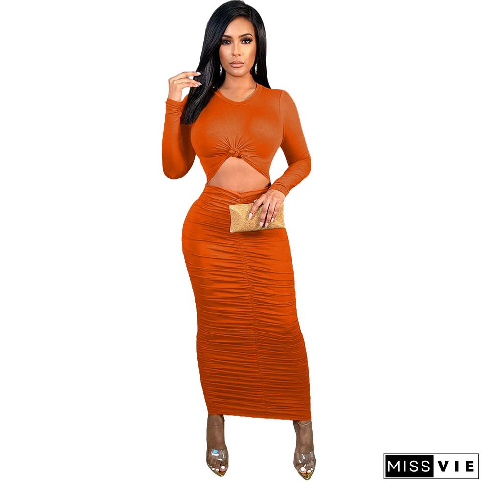 Long Sleeve Round Neck Pleated Bodycon Dress