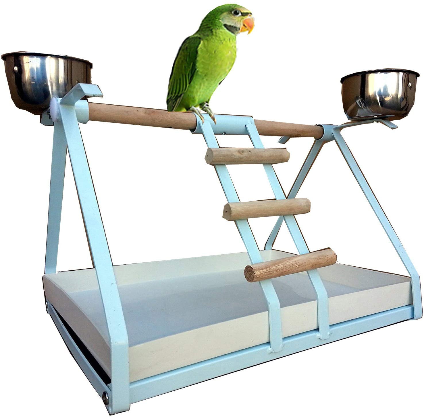 Metal PLAYSTAND Play Gym with Stainless Steel Cups Wood Stand Perch and Tray for Small Parrot