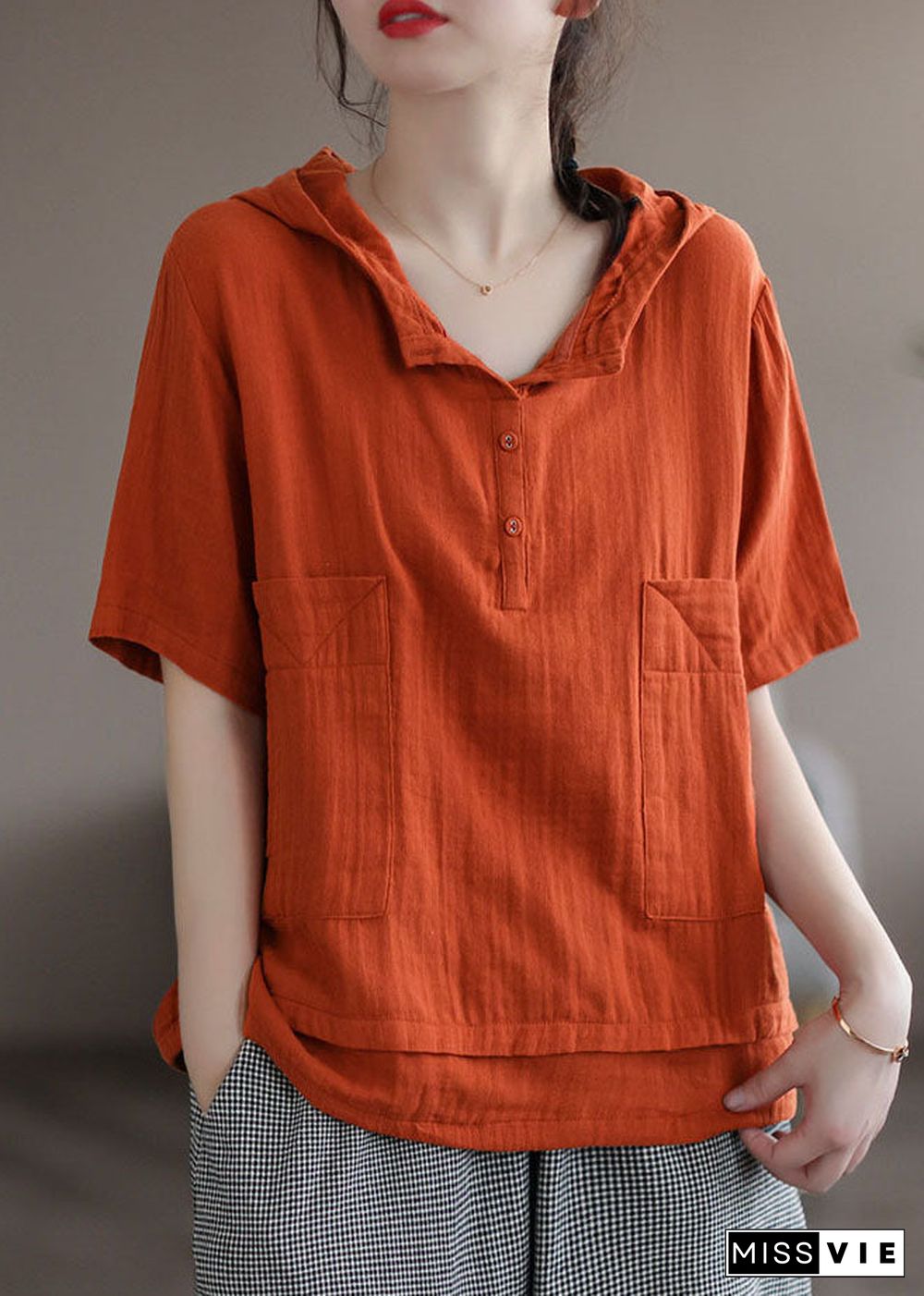 Orange Patchwork Cotton Sweatshirts Tracksuits Hooded Short Sleeve