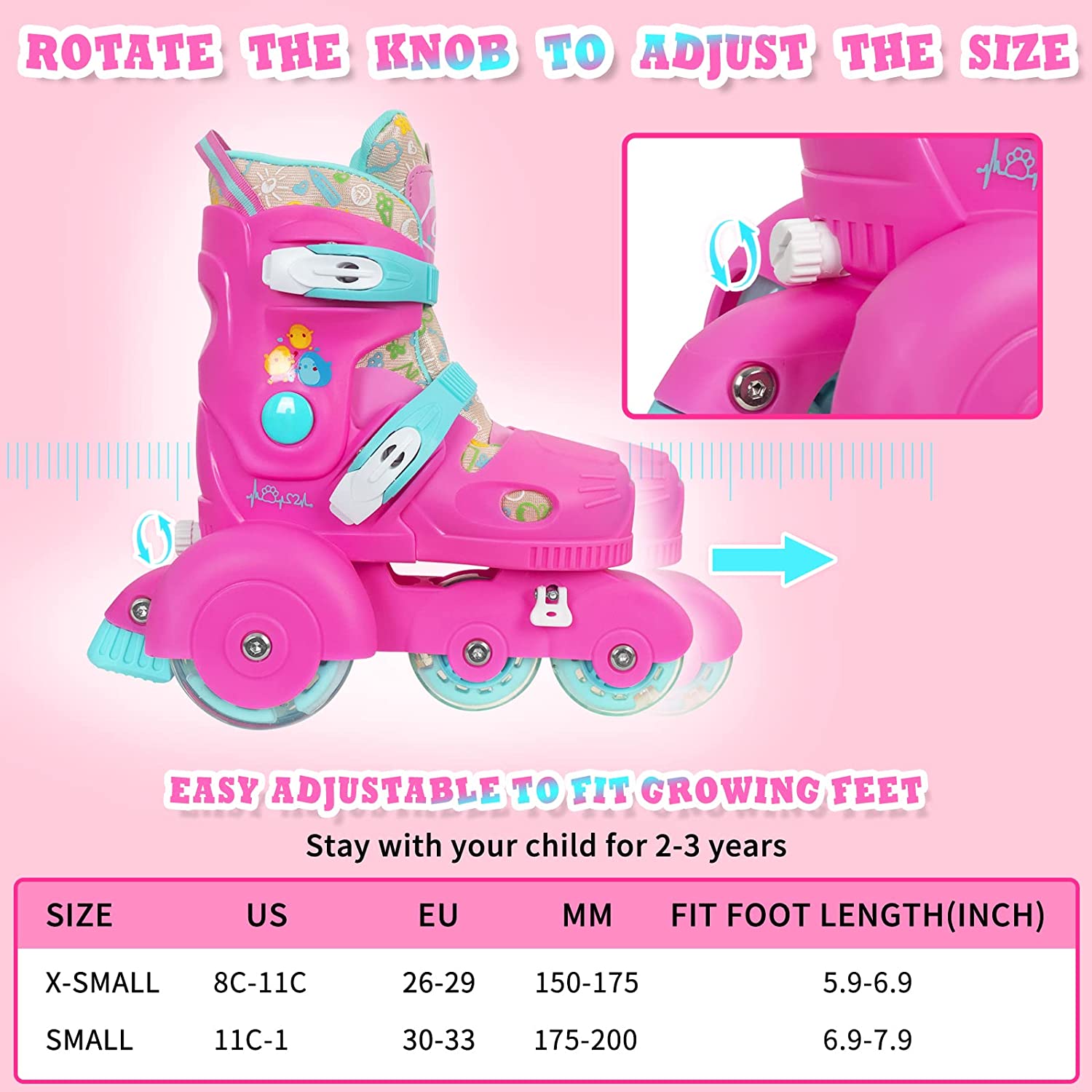 Nattork Roller Skates for Toddler Girls Boys 3-Point Balance with Light Up Wheels Princess Pink Small(11C-1)