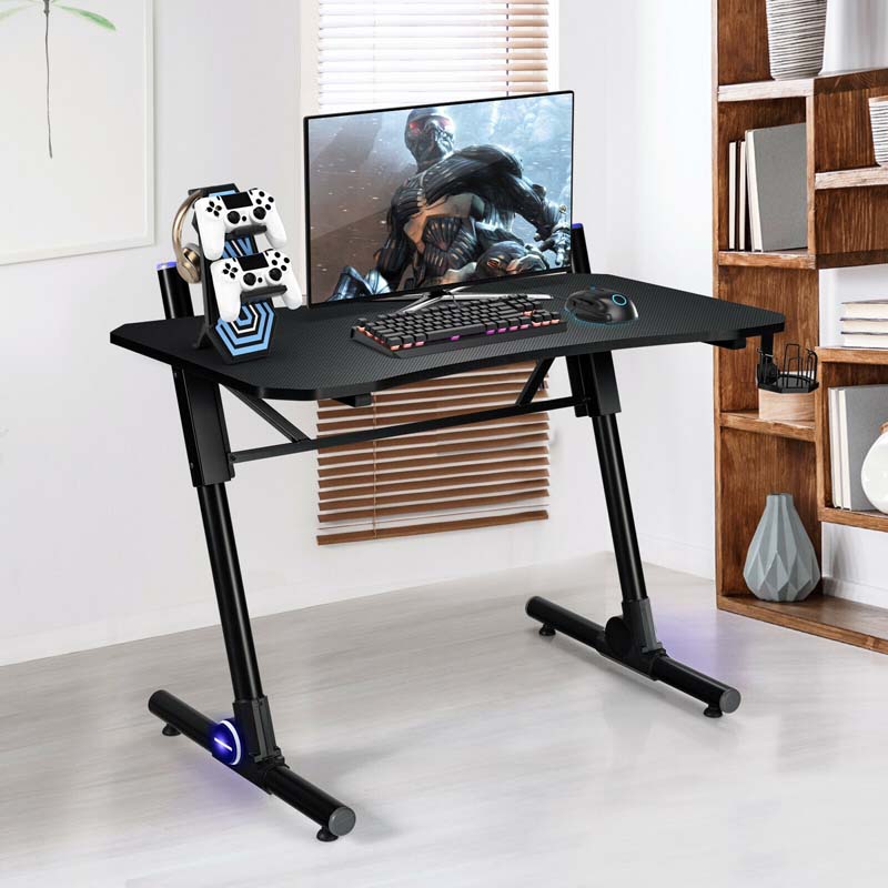 Z-Shaped LED Gaming Desk, 43.5 Inch Height Adjustable Computer Desk, Carbon Fiber Desk with Gaming Handle Rack & Cup Holder