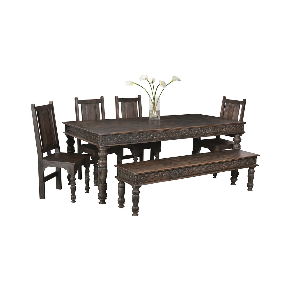 Providence 84 inch Carved Teak Dining Table   Black