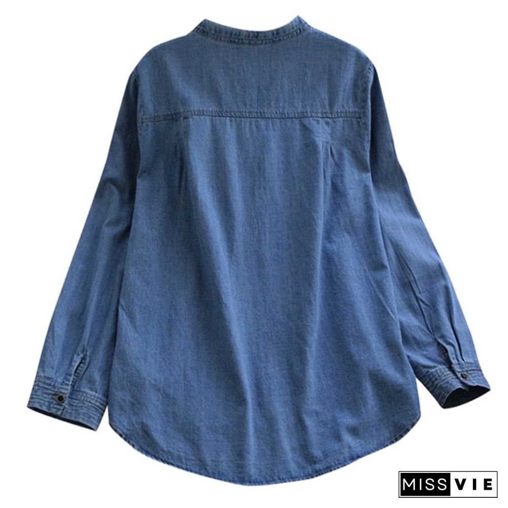 Denim Blue Shirt Women Long Sleeve V Neck Long Adjustable Sleeve Buttons Dip Hem Jeans Shirts Tops