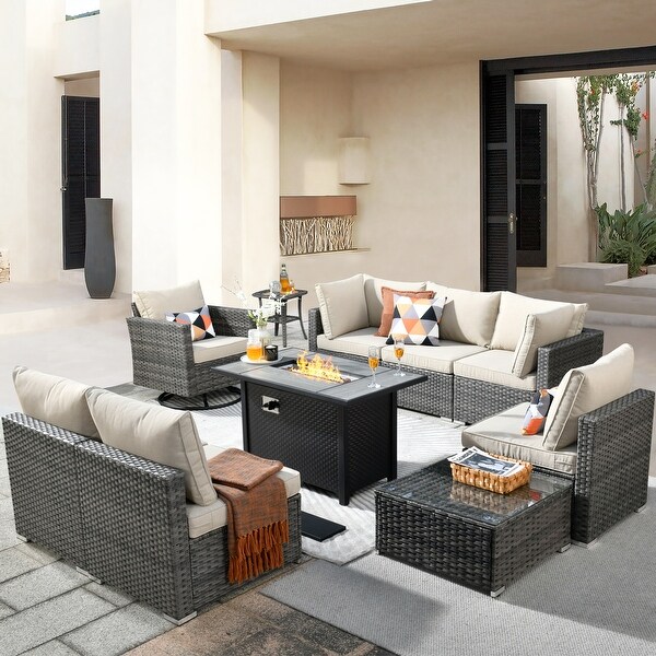 HOOOWOOO 10piece Patio Wicker Furniture Sectional Sofa Set Swivel Rocker with Fire Pit Table