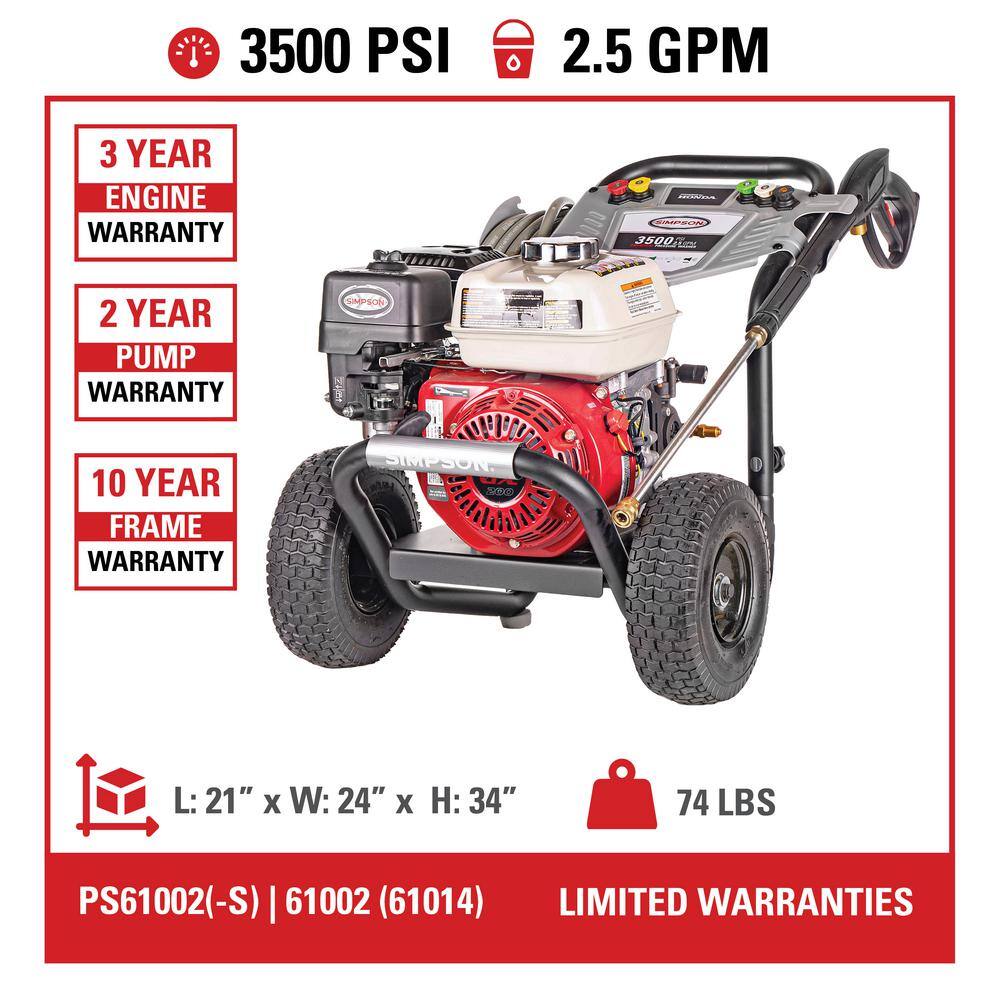 SIMPSON PowerShot 3500 PSI at 2.5 GPM HONDA GX200 with AAA Axial Cam Pump Cold Water Professional Gas Pressure Washer PS61002