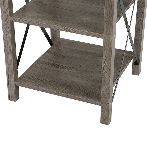 Wood End Table with 3-Tier Storage Shelves and X-Shaped Metal Support