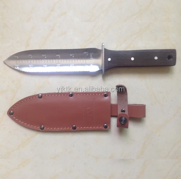 Hori Hori Knife with Hand Guard with Wendge wood handle in Leather sheath