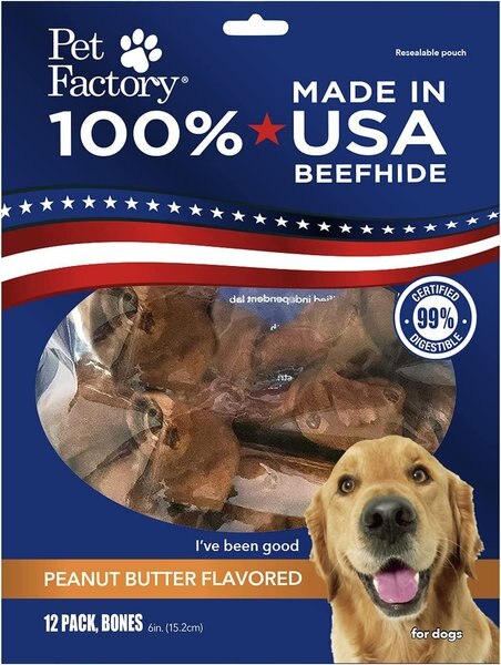 Pet Factory Beefhide 6-inch Peanut Butter Flavored Dog Bones， 12 count