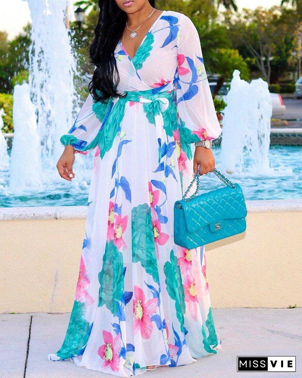 Tropical Print Deep V Belted Warp Maxi Dress P16067