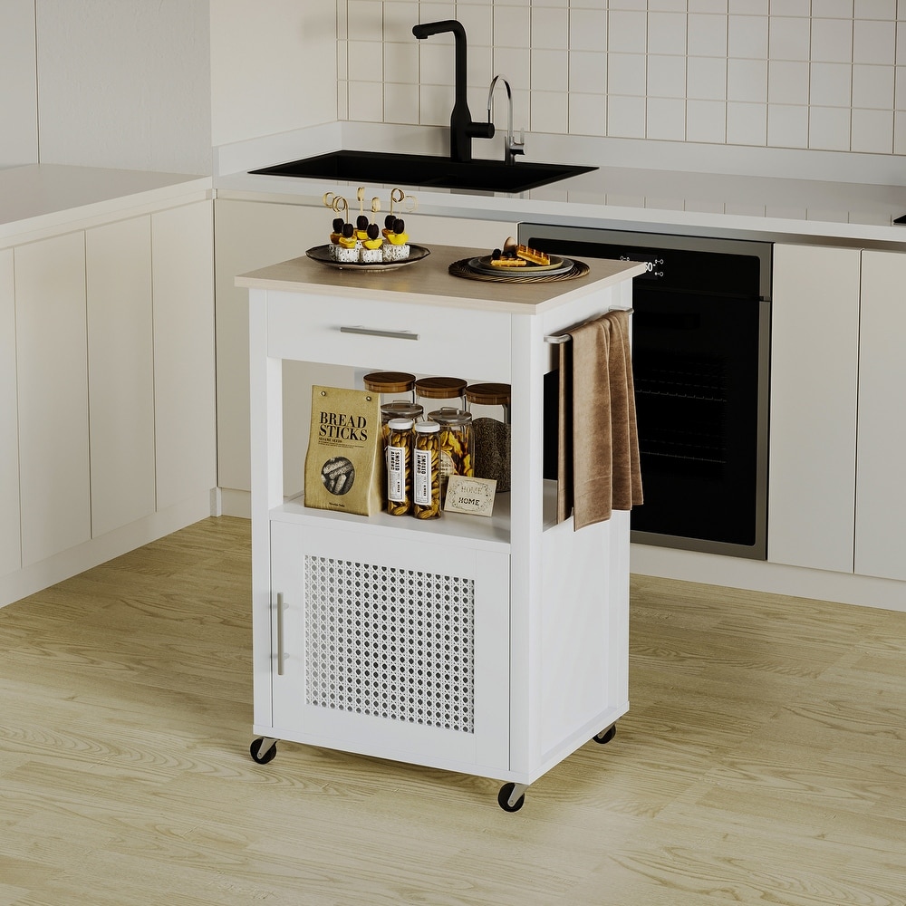 Rolling Rattan Kitchen Cart with Single Door Cabinet and Storage Shelf