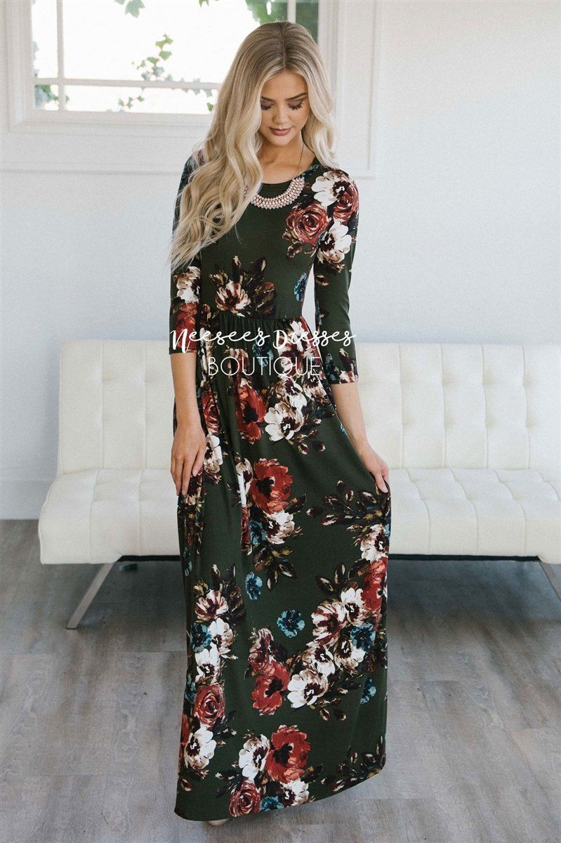 Olive Watercolor Floral Maxi Dress