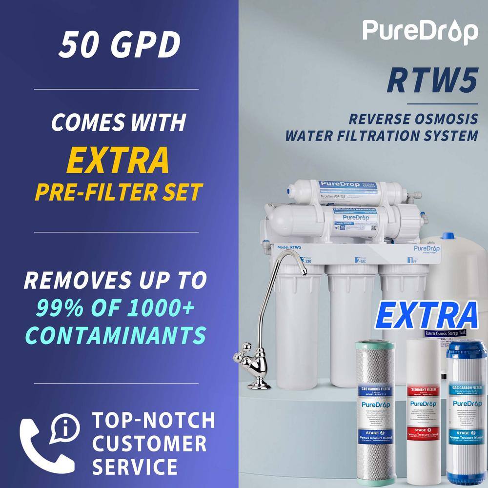 PureDrop 5 Stage Reverse Osmosis Water Filtration System with Pre-Filter Kit RTW5