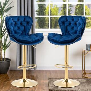 HOMEFUN 44 in. Navy Blue Velvet Swivel Low Back Matal Frame Adjustable Cushioned Counter Height Bar Stool (Set of 2) HFHDSN-883NY-2