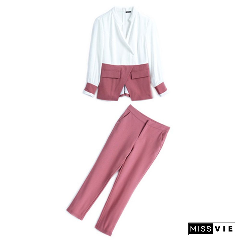 Designer Autumn Suit Women Pants 2 Piece Set Elegant Office Lady Outfits Hit Color Blouse And Pants Fashion Sets