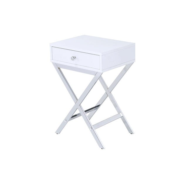 Wood and Metal Side Table with Crossed Base， White and Silver - 22 H x 16 W x 12 L Inches