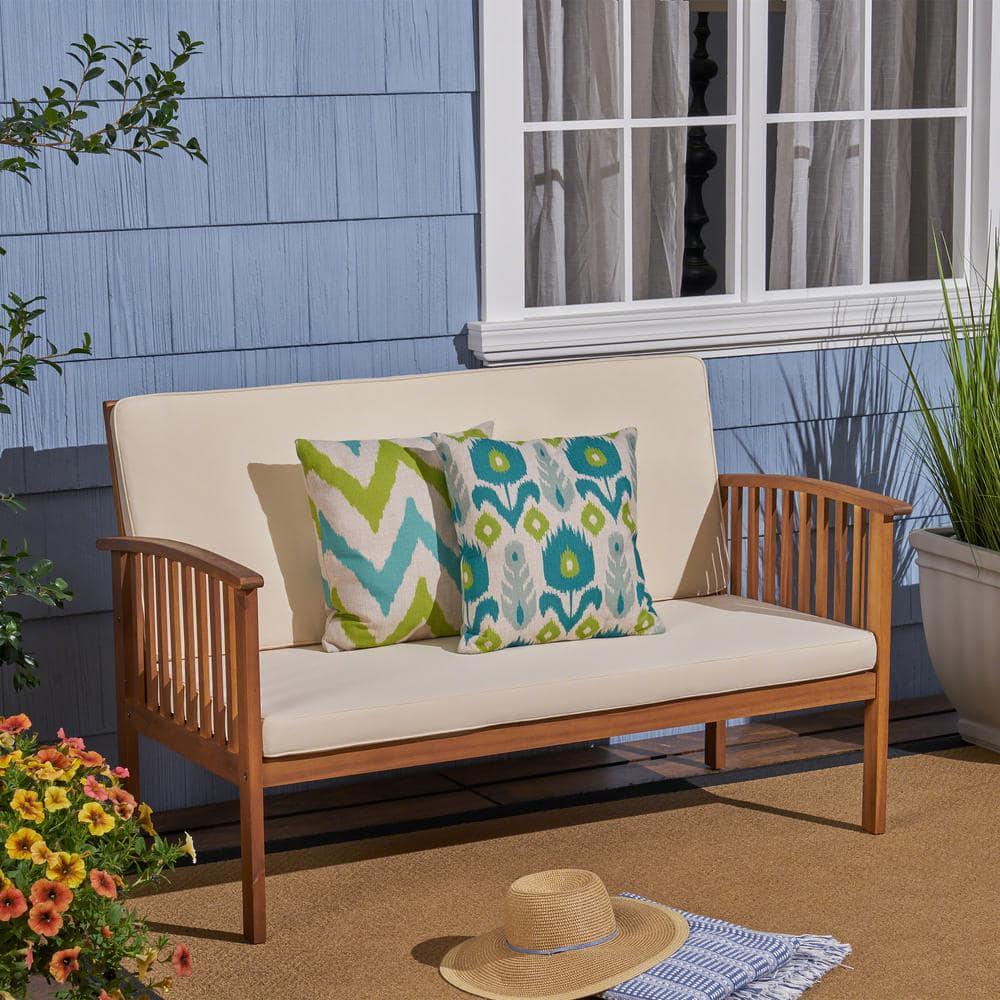 Noble House Casa Brown Patina Wood Outdoor Loveseat with Cream Cushions