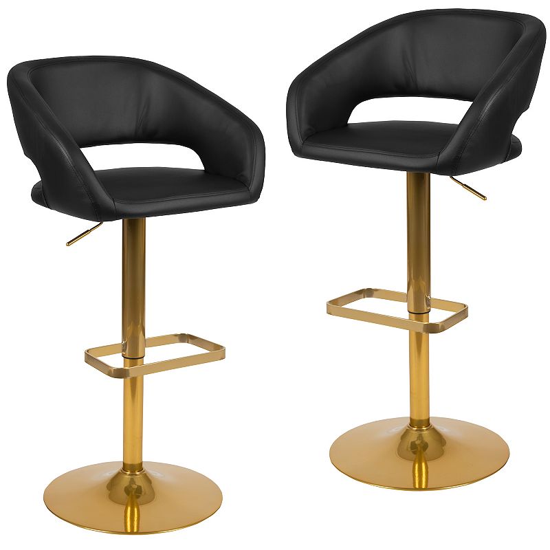 Emma and Oliver 2PK Black Vinyl Adjustable Height Barstool with Rounded Mid-Back and Gold Base