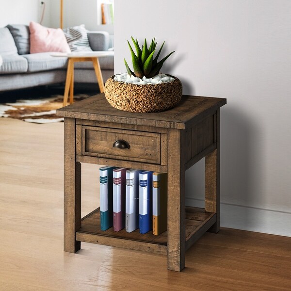 Coastal Style Square Wooden End Table with 1 Drawer， Brown