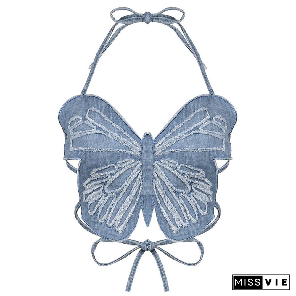 Butterfly Jeans Y2K Crop Top Backless Strap Camis Sexy Blue Cute Party Sweats Women New Beach Holiday Mini Vest Summer Tee