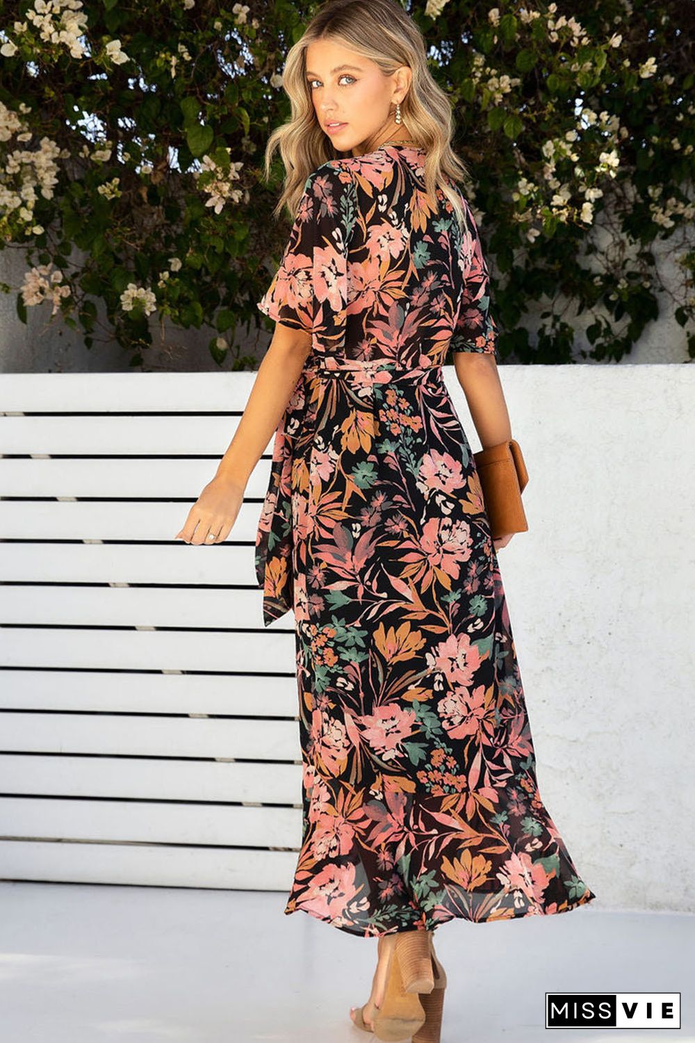 Black Floral Print Knotted Wrapped V Neck Maxi Dress